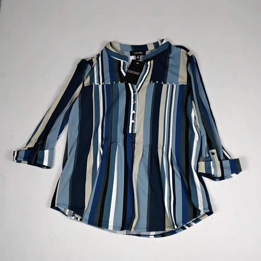 Cocomo Womens L Blue Striped Blouse Studded Roll Tab Sleeve Tunic Top NWT